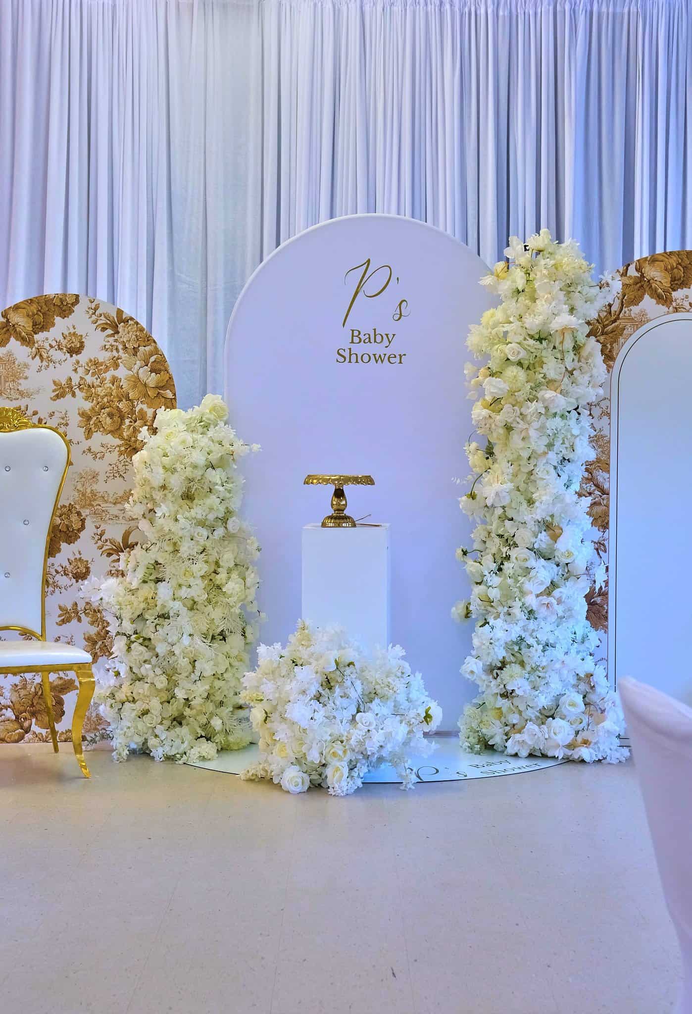 Elegant baby shower reception styling with luxurious linens and florals