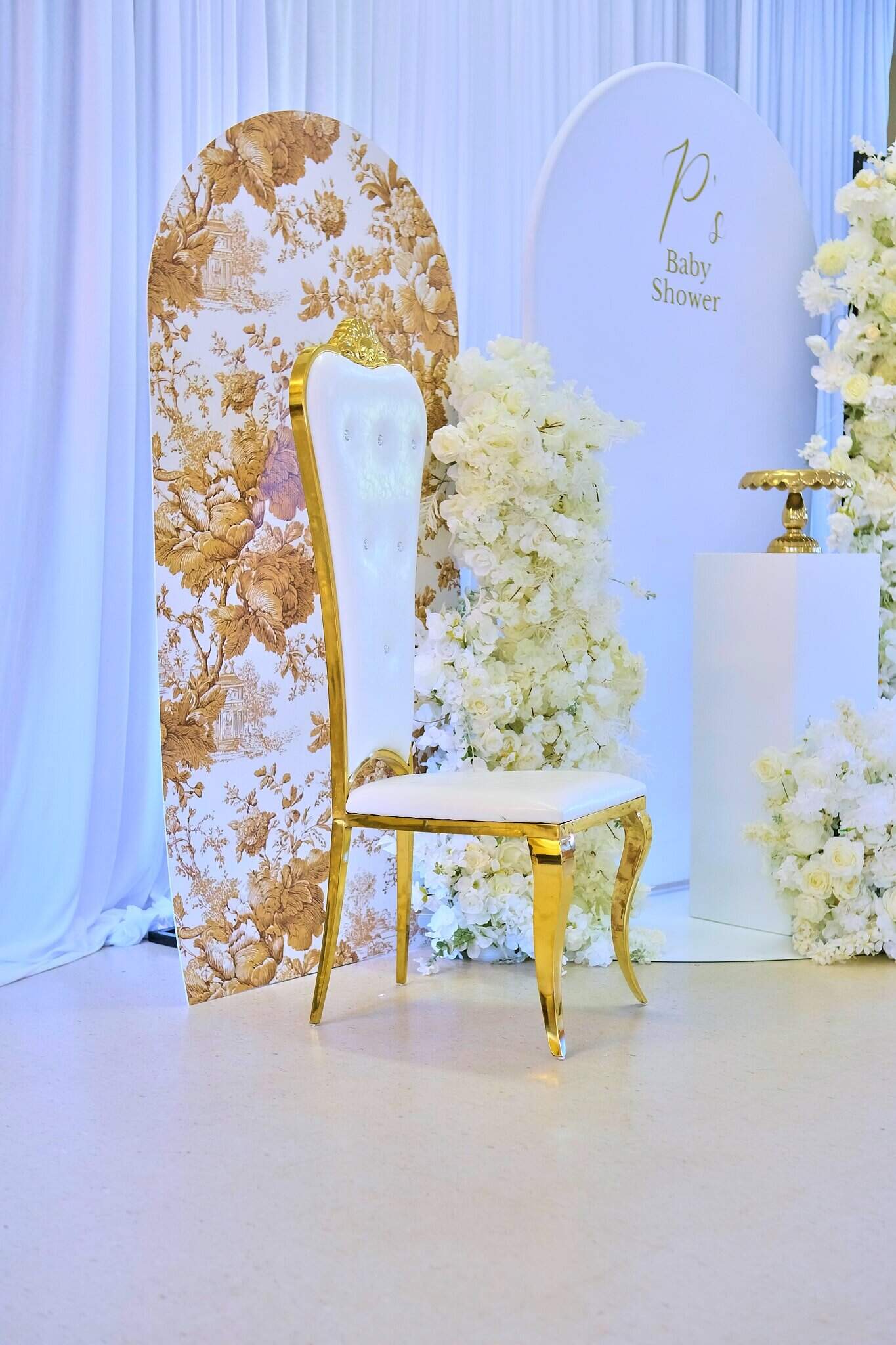 Sophisticated baby shower centerpiece with soft florals and modern elegance